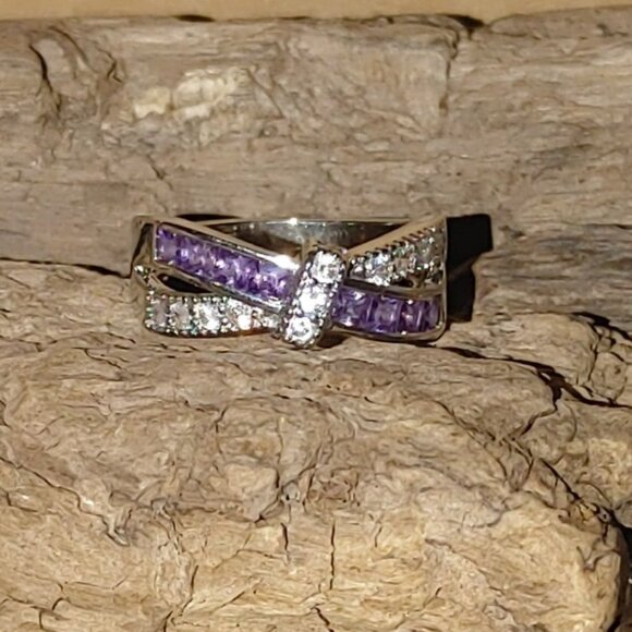 Sterling Silver 925 Ring Quartz Amethyst Bow Knot Crossover Purple Clear Square - Picture 1 of 9